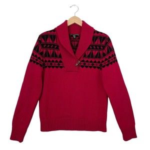 Lauren Ralph Lauren Womens Large Sweater Southwest Aztec Red Shawl Collar Toggle